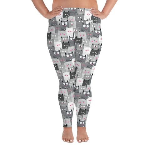 Image of Cats Leggings Gray and White Plus Size