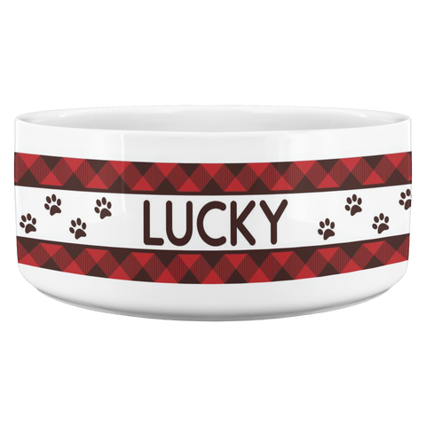 Image of Personalized Ceramic Dog Bowl Red Flannel Name