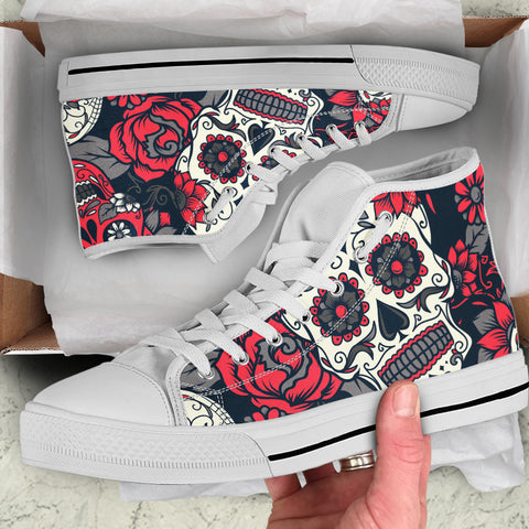Image of Sugar Skull Red Rose High Top Shoes White
