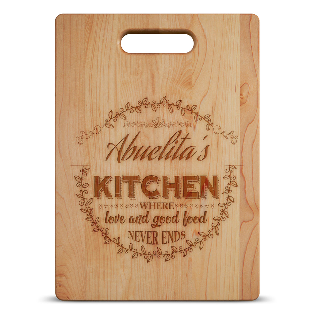 Kitchen Where Love and Good Food Never Ends Personalized Cutting Board