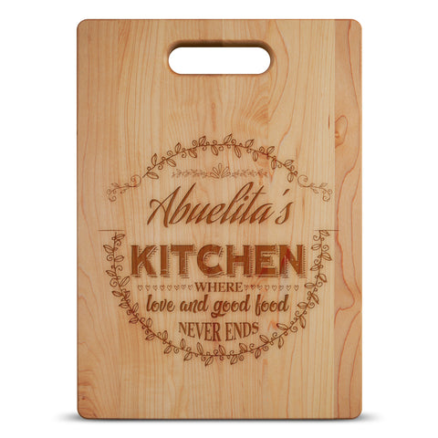 Kitchen Where Love and Good Food Never Ends Personalized Cutting Board