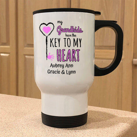 Image of Key To My Heart Personalized White Metal Coffee and Tea Travel Mug