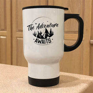 Adventure Awaits White Metal Coffee and Tea Travel Mug