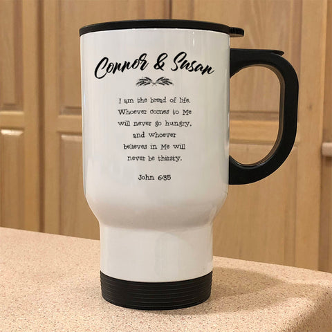 Image of Metal Coffee and Tea Travel Mug John 6:35 Couple Personalized