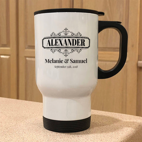 Image of Metal Coffee and Tea Travel Mug Surname Reversed Personalized