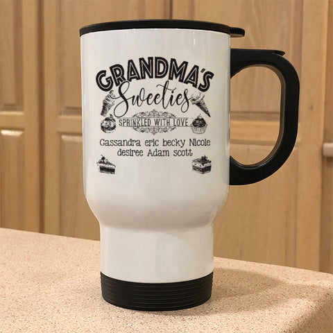 Image of Grandma's Sweeties Personalized White Metal Coffee and Tea Travel Mug