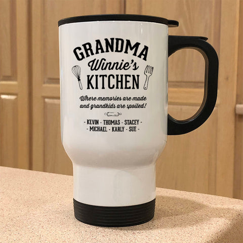 Image of Metal Coffee and Tea Travel Mug Kitchen Where Memories are Made Grandma Personalize