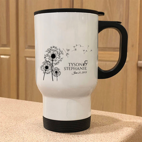 Image of Metal Coffee and Tea Travel Mug Dandelion Love Personalized