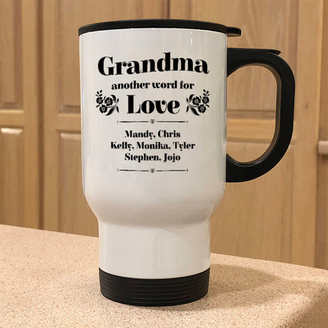 Image of Grandma Another Word Personalized For Love White Metal Coffee and Tea Travel Mug