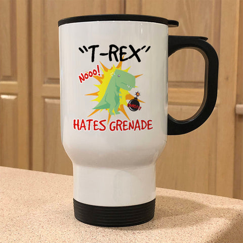 Image of Metal Coffee and Tea Travel Mug T-Rex Hates Grenade