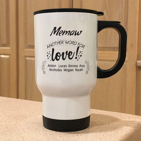 Image of Another Word For Love Personalized White Metal Coffee and Tea Travel Mug