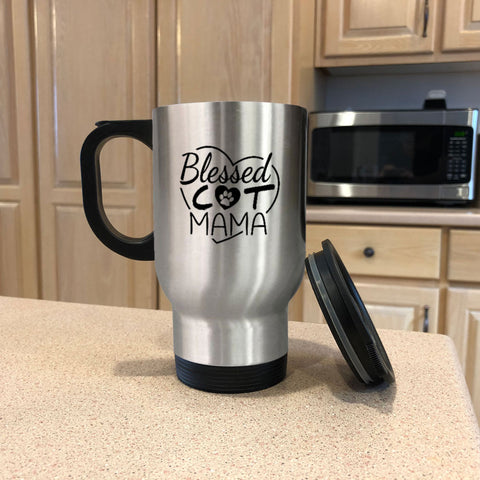 Image of Metal Coffee and Tea Travel Mug Blessed Cat Mama