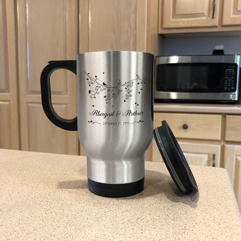 Image of Love Birds Personalized Metal Coffee and Tea Travel Mug