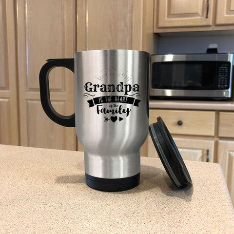 Image of Personalized Metal Coffee and Tea Travel Mug Grandpa Is The Heart Of The Family