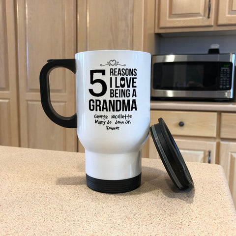 Image of Personalized Reasons Grandma White Metal Coffee and Tea Travel Mug
