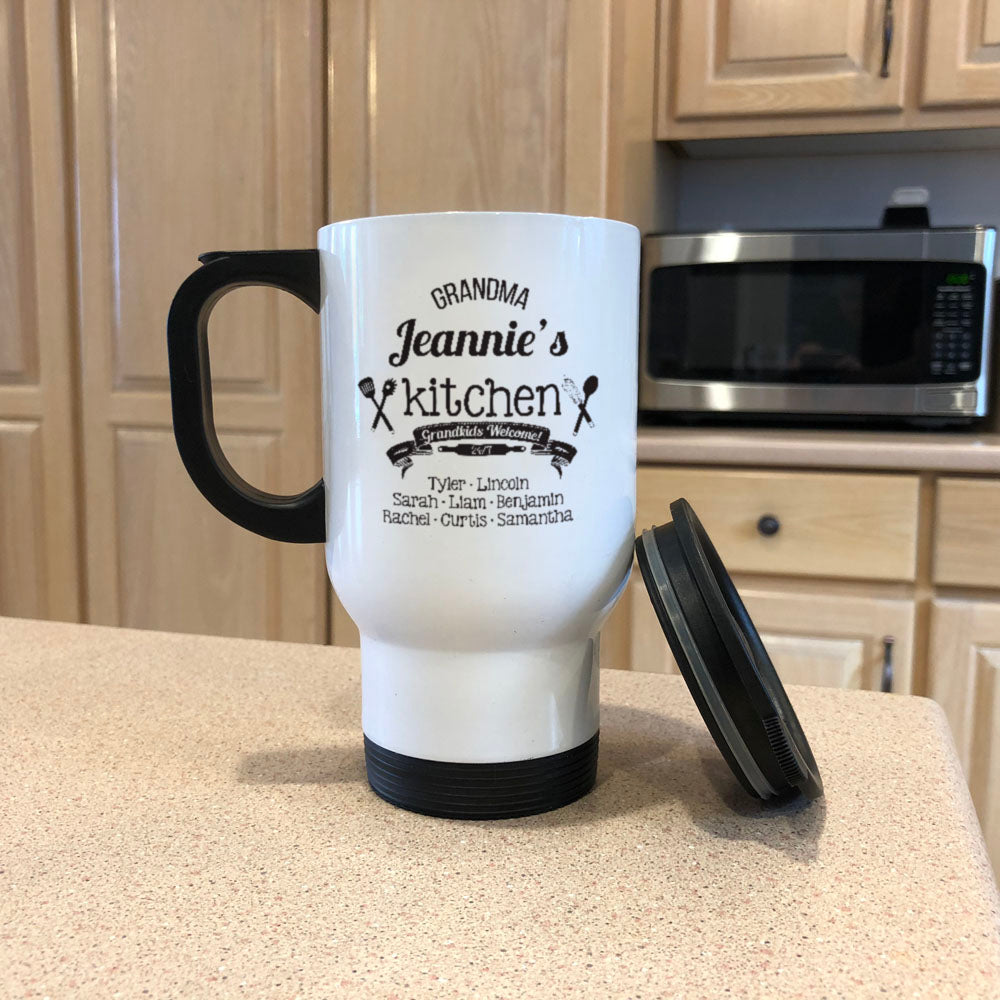 Grand kids Welcome Personalized White Metal Coffee and Tea Travel Mug