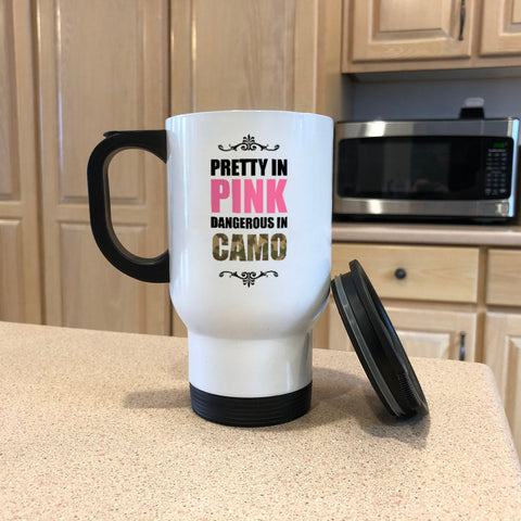 Image of Metal Coffee and Tea Travel Mug Pretty In Pink Dangerous In Camo