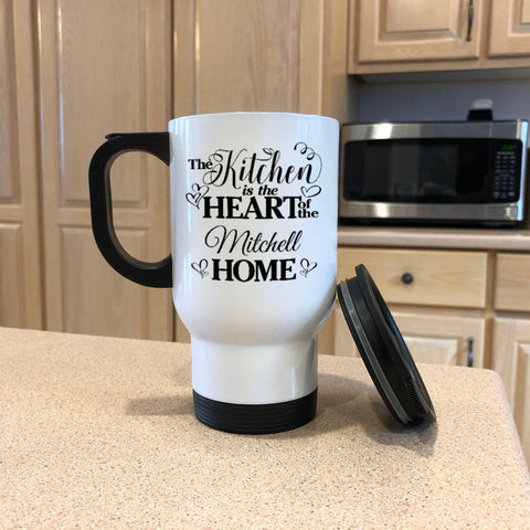 Image of Personalized Metal Coffee and Tea Travel Mug Kitchen Heart of Home