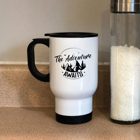 Image of Adventure Awaits White Metal Coffee and Tea Travel Mug