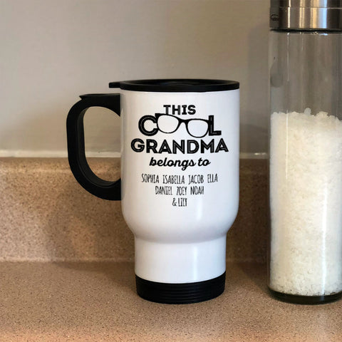 Image of Personalized This Cool Grandma Belongs To White Metal Coffee and Tea Travel Mug