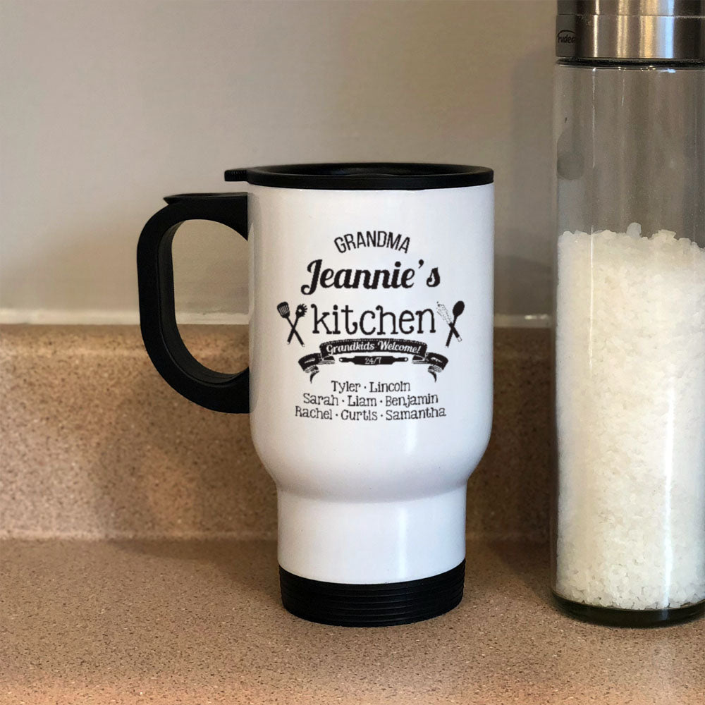 Grand kids Welcome Personalized White Metal Coffee and Tea Travel Mug