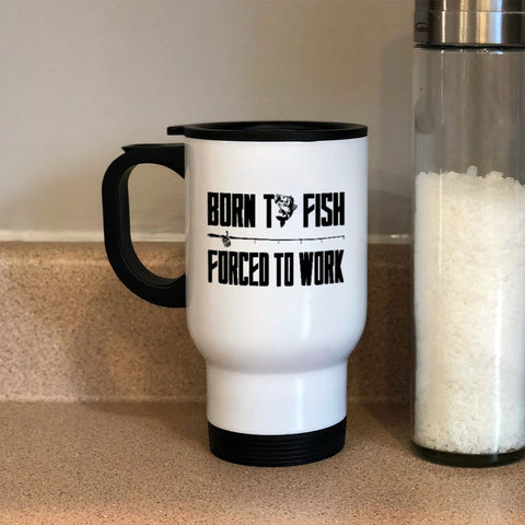 Image of Born To Fish White Metal Coffee and Tea Travel Mug