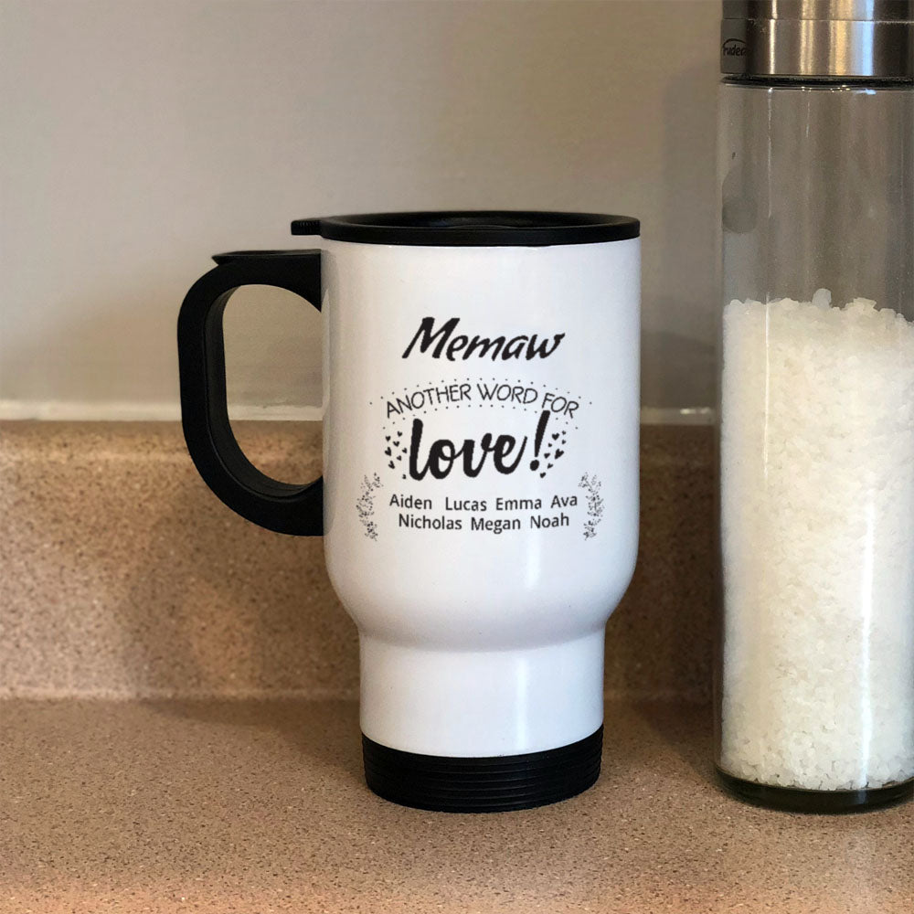 Another Word For Love Personalized White Metal Coffee and Tea Travel Mug