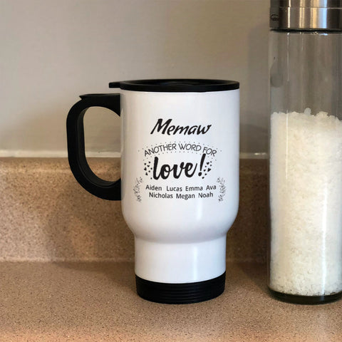 Image of Another Word For Love Personalized White Metal Coffee and Tea Travel Mug
