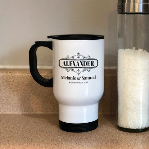 Image of Metal Coffee and Tea Travel Mug Surname Reversed Personalized