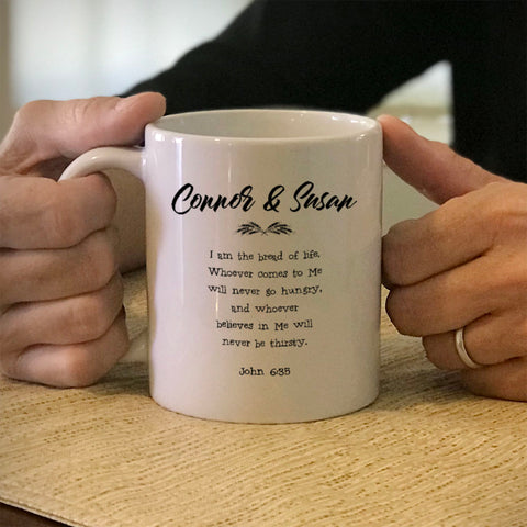 Image of Personalized Ceramic Coffee Mug John 6:35 Couple