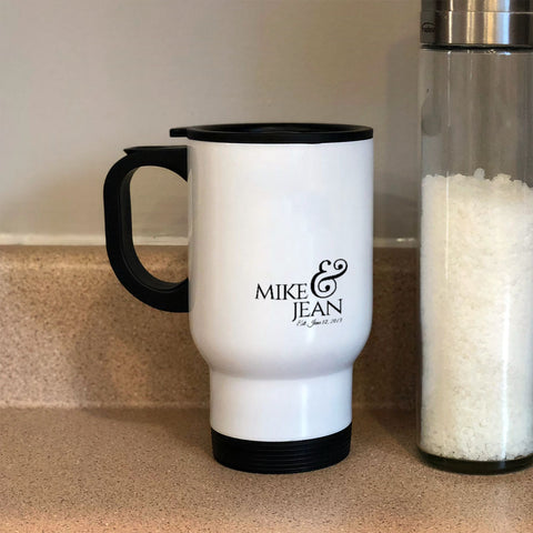 Image of Anniversary Personalized White Metal Coffee and Tea Travel Mug