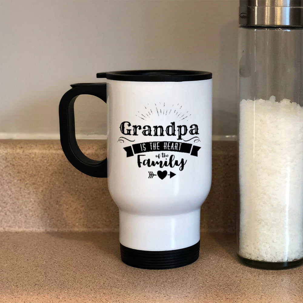 Personalized Metal Coffee and Tea Travel Mug Grandpa Is The Heart Of The Family