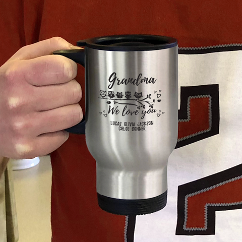 Image of Personalized Metal Coffee and Tea Travel Mug Owl Love