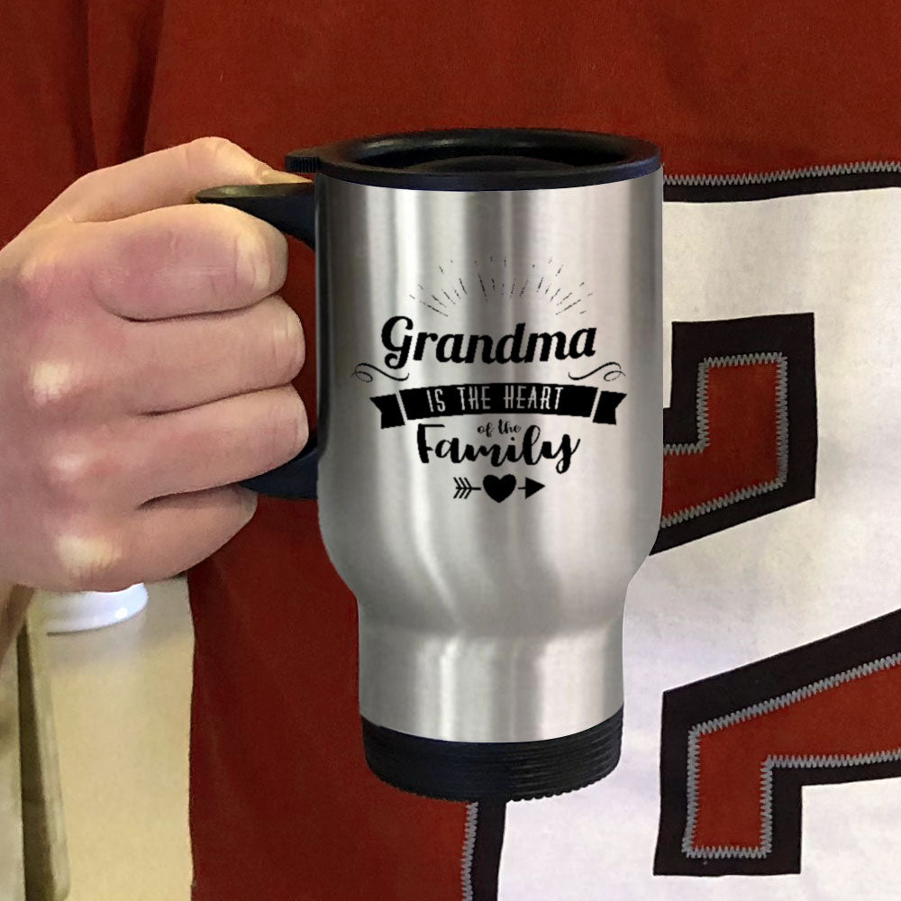 Personalized Metal Coffee and Tea Travel Mug Grandma Is The Heart Of The Family