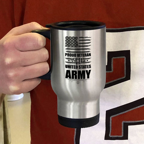 Image of Metal Coffee and Tea Travel Mug Proud Veteran of the United States