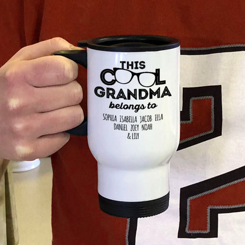 Image of Personalized This Cool Grandma Belongs To White Metal Coffee and Tea Travel Mug