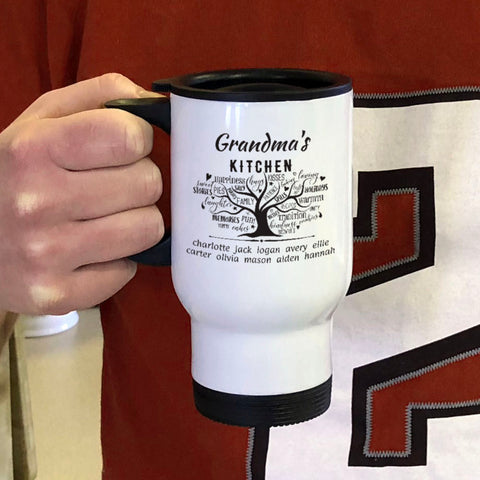 Image of Grandmas Kitchen  Personalized White Metal Coffee and Tea Travel Mug