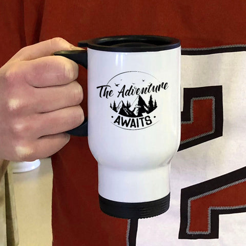 Image of Adventure Awaits White Metal Coffee and Tea Travel Mug