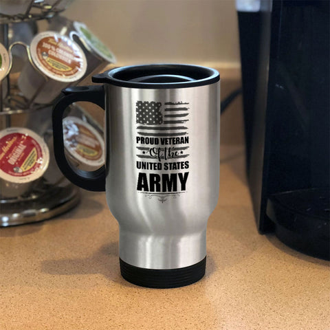 Image of Metal Coffee and Tea Travel Mug Proud Veteran of the United States
