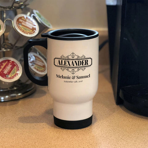 Image of Metal Coffee and Tea Travel Mug Surname Reversed Personalized