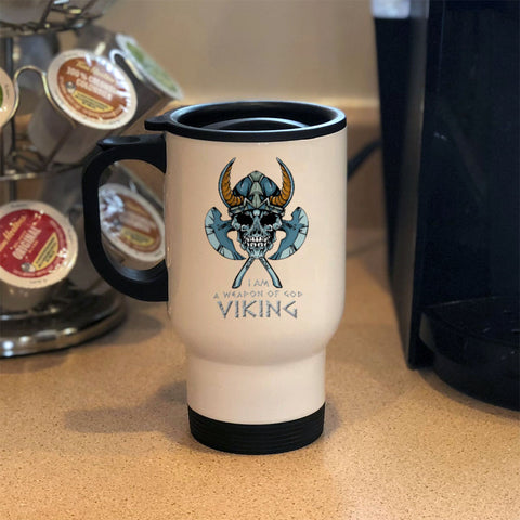 Image of Metal Coffee and Tea Travel Mug I Am A Weapon Of God Viking