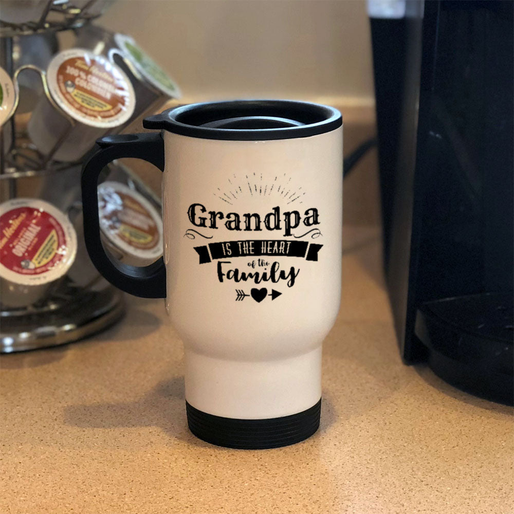 Personalized Metal Coffee and Tea Travel Mug Grandpa Is The Heart Of The Family