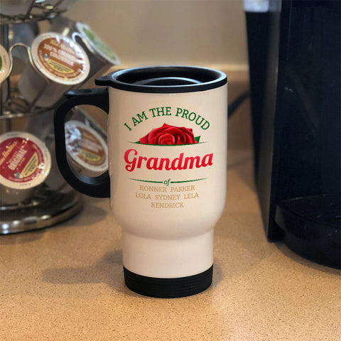 Image of Personalized Roses Proud Grandma White Metal Coffee and Tea Travel Mug