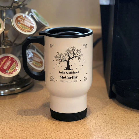 Image of Metal Coffee and Tea Travel Mug Personalized Couple Hearts Tree
