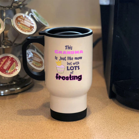 Image of Grandma Frosting White Metal Coffee and Tea Travel Mug