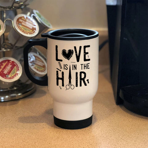 Image of Metal Coffee and Tea Travel Mug Love is in the Hair