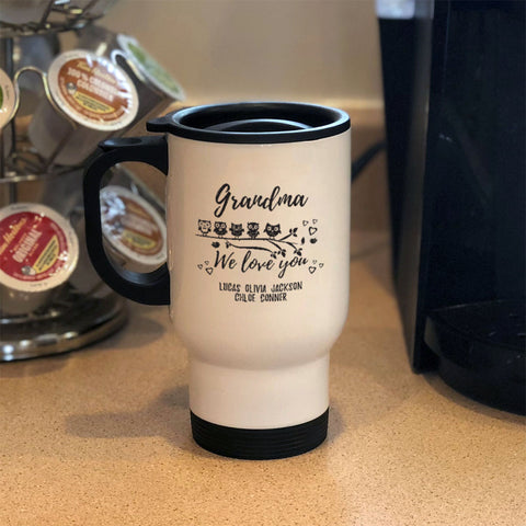 Image of Personalized Metal Coffee and Tea Travel Mug Owl Love