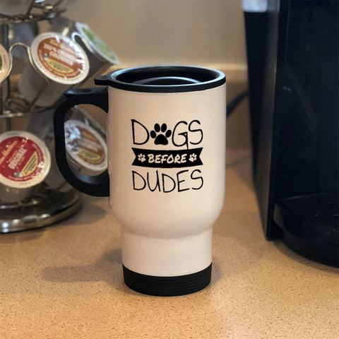 Image of Metal Coffee and Tea Travel Mug Dogs Before Dudes
