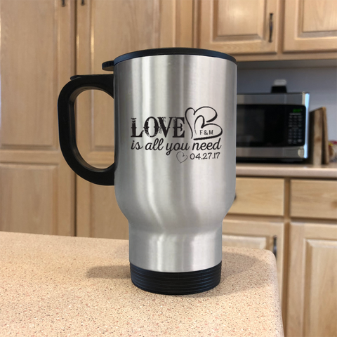 Image of Love Is All You Need Personalized Metal Coffee and Tea Travel Mug