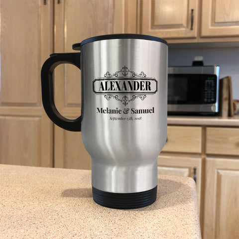 Image of Metal Coffee and Tea Travel Mug Surname Reversed Personalized